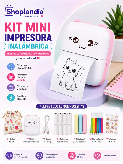 Mini Impresora Inalámbrica Bluetooth Térmica Portátil + 10 Rollos de Papel + Marcadores