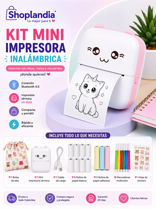 Mini Impresora Inalámbrica Bluetooth Térmica Portátil + 10 Rollos de Papel + Marcadores