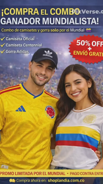 Combo Mundialista Oficial Colombia — Camiseta Oficial + Camiseta Centenario + Gorra Adidas | Edición Mundial 2026