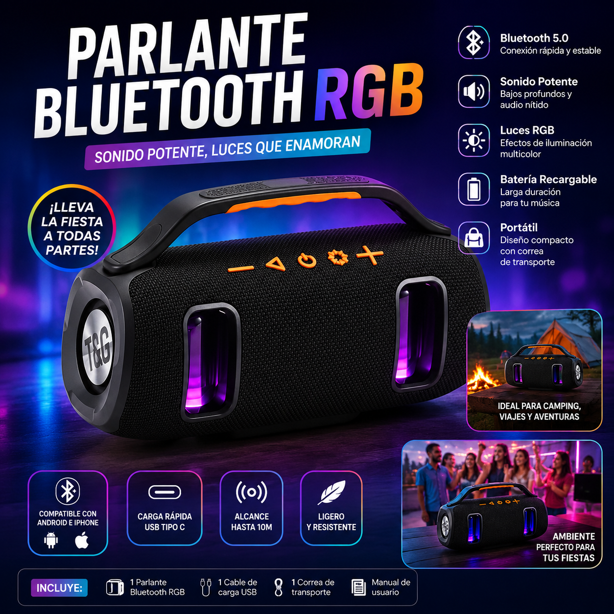 🔥 PARLANTE BLUETOOTH RGB PORTÁTIL